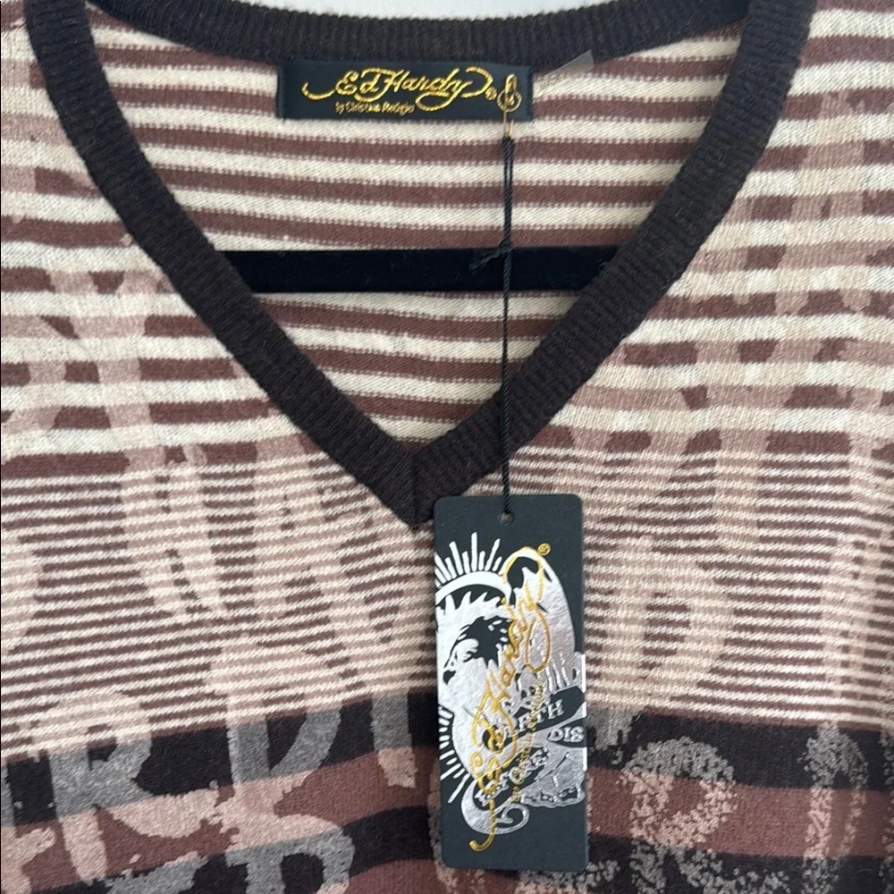 Ed Hardy Christian Audigier V-Neck Sweater Brown Beige Striped Wool Blend NWT